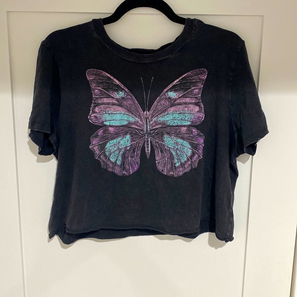 black crop top with purple butterfly